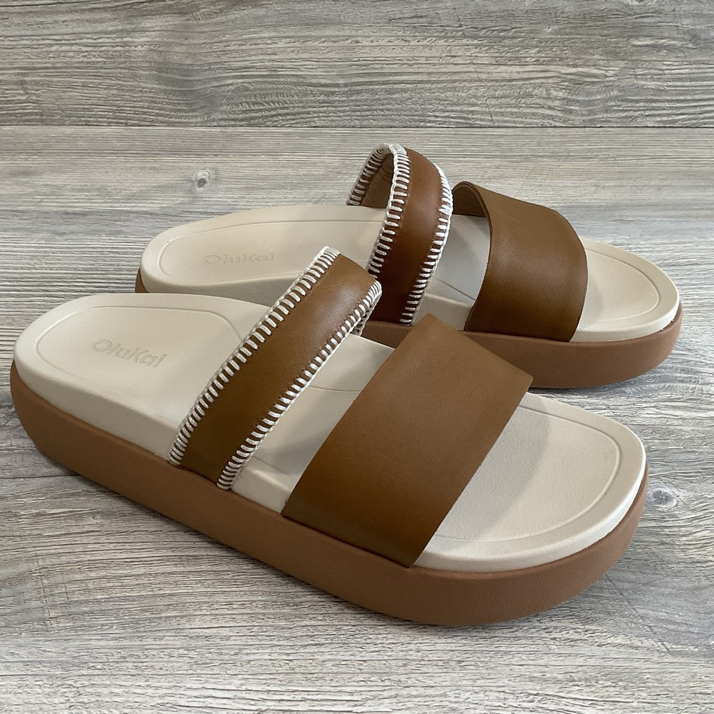 OluKai Pae Womens Size 8 Sandals Platform Slide Comfort Tan Coastal White